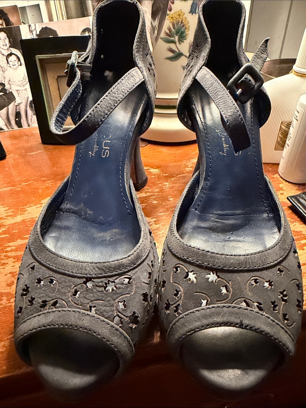 Marches Vous Women's Navy Blue Peep-Toe Ankle Strap Heels with leather sole.